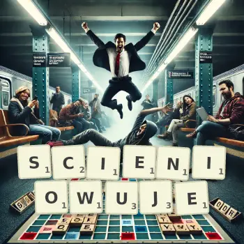 Kreatywna ilustracja do gry w Scrabble ze słowem SCIENIOWUJE ułożonym z płytek na planszy.