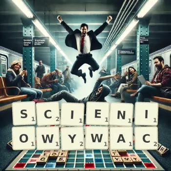 Kreatywna ilustracja do gry w Scrabble ze słowem SCIENIOWYWAC ułożonym z płytek na planszy.