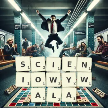 Kreatywna ilustracja do gry w Scrabble ze słowem SCIENIOWYWALA ułożonym z płytek na planszy.