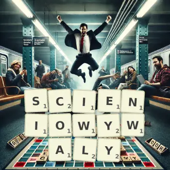 Kreatywna ilustracja do gry w Scrabble ze słowem SCIENIOWYWALY ułożonym z płytek na planszy.