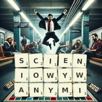 Kreatywna ilustracja do gry w Scrabble ze słowem SCIENIOWYWANYMI ułożonym z płytek na planszy.