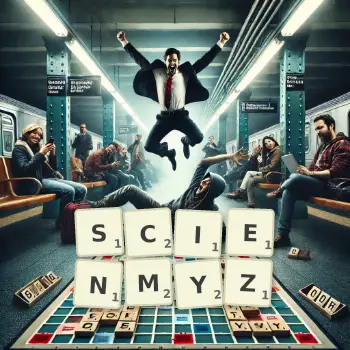 Kreatywna ilustracja do gry w Scrabble ze słowem SCIENMYZ ułożonym z płytek na planszy.