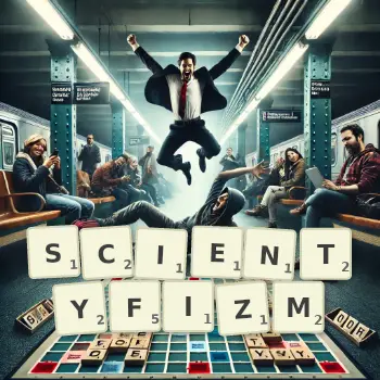 Kreatywna ilustracja do gry w Scrabble ze słowem SCIENTYFIZM ułożonym z płytek na planszy.