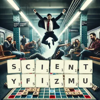 Kreatywna ilustracja do gry w Scrabble ze słowem SCIENTYFIZMU ułożonym z płytek na planszy.