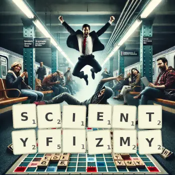 Kreatywna ilustracja do gry w Scrabble ze słowem SCIENTYFIZMY ułożonym z płytek na planszy.