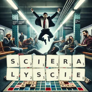 Kreatywna ilustracja do gry w Scrabble ze słowem SCIERALYSCIE ułożonym z płytek na planszy.