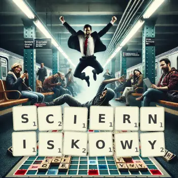 Kreatywna ilustracja do gry w Scrabble ze słowem SCIERNISKOWY ułożonym z płytek na planszy.