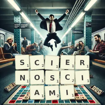 Kreatywna ilustracja do gry w Scrabble ze słowem SCIERNOSCIAMI ułożonym z płytek na planszy.