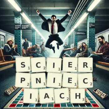 Kreatywna ilustracja do gry w Scrabble ze słowem SCIERPNIECIACH ułożonym z płytek na planszy.