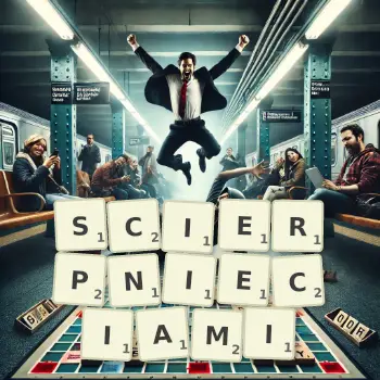 Kreatywna ilustracja do gry w Scrabble ze słowem SCIERPNIECIAMI ułożonym z płytek na planszy.