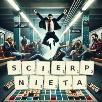 Kreatywna ilustracja do gry w Scrabble ze słowem SCIERPNIETA ułożonym z płytek na planszy.