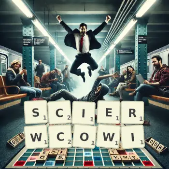 Kreatywna ilustracja do gry w Scrabble ze słowem SCIERWCOWI ułożonym z płytek na planszy.