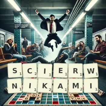 Kreatywna ilustracja do gry w Scrabble ze słowem SCIERWNIKAMI ułożonym z płytek na planszy.