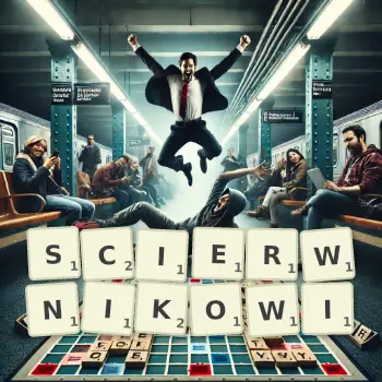 Kreatywna ilustracja do gry w Scrabble ze słowem SCIERWNIKOWI ułożonym z płytek na planszy.
