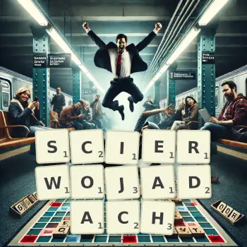 Kreatywna ilustracja do gry w Scrabble ze słowem SCIERWOJADACH ułożonym z płytek na planszy.