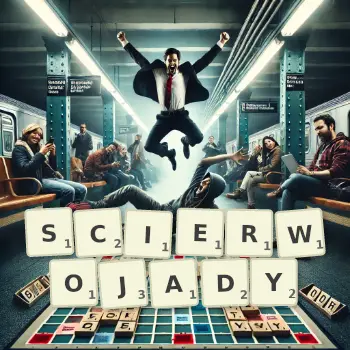 Kreatywna ilustracja do gry w Scrabble ze słowem SCIERWOJADY ułożonym z płytek na planszy.