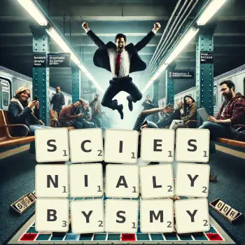 Kreatywna ilustracja do gry w Scrabble ze słowem SCIESNIALYBYSMY ułożonym z płytek na planszy.