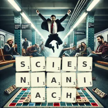 Kreatywna ilustracja do gry w Scrabble ze słowem SCIESNIANIACH ułożonym z płytek na planszy.
