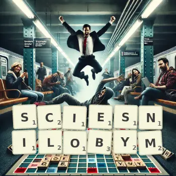 Kreatywna ilustracja do gry w Scrabble ze słowem SCIESNILOBYM ułożonym z płytek na planszy.