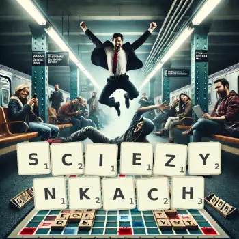 Kreatywna ilustracja do gry w Scrabble ze słowem SCIEZYNKACH ułożonym z płytek na planszy.
