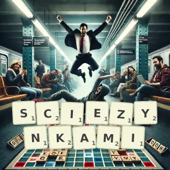 Kreatywna ilustracja do gry w Scrabble ze słowem SCIEZYNKAMI ułożonym z płytek na planszy.
