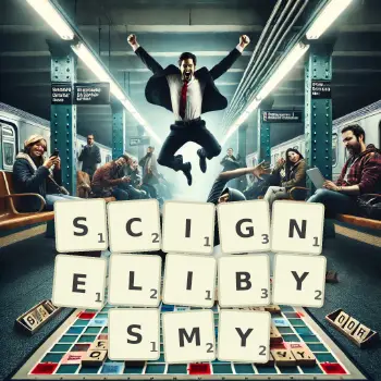 Kreatywna ilustracja do gry w Scrabble ze słowem SCIGNELIBYSMY ułożonym z płytek na planszy.