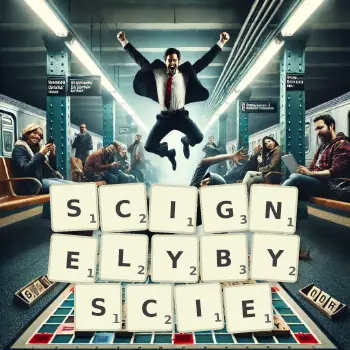 Kreatywna ilustracja do gry w Scrabble ze słowem SCIGNELYBYSCIE ułożonym z płytek na planszy.