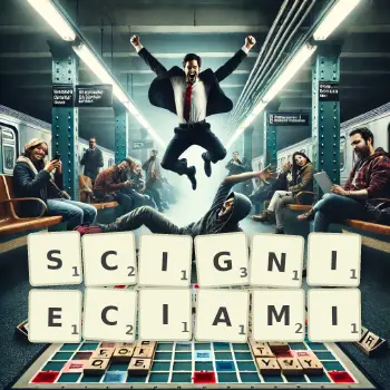 Kreatywna ilustracja do gry w Scrabble ze słowem SCIGNIECIAMI ułożonym z płytek na planszy.