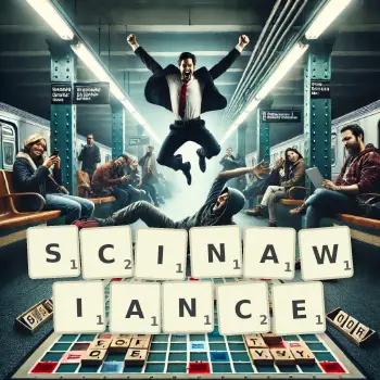 Kreatywna ilustracja do gry w Scrabble ze słowem SCINAWIANCE ułożonym z płytek na planszy.