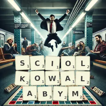 Kreatywna ilustracja do gry w Scrabble ze słowem SCIOLKOWALABYM ułożonym z płytek na planszy.