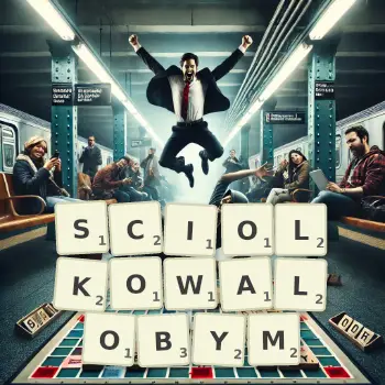 Kreatywna ilustracja do gry w Scrabble ze słowem SCIOLKOWALOBYM ułożonym z płytek na planszy.