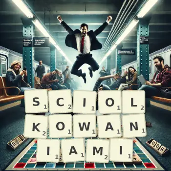 Kreatywna ilustracja do gry w Scrabble ze słowem SCIOLKOWANIAMI ułożonym z płytek na planszy.