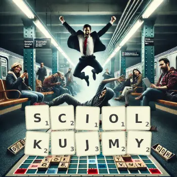 Kreatywna ilustracja do gry w Scrabble ze słowem SCIOLKUJMY ułożonym z płytek na planszy.