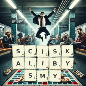 Kreatywna ilustracja do gry w Scrabble ze słowem SCISKALIBYSMY ułożonym z płytek na planszy.