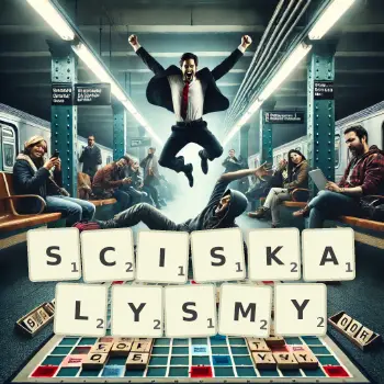 Kreatywna ilustracja do gry w Scrabble ze słowem SCISKALYSMY ułożonym z płytek na planszy.