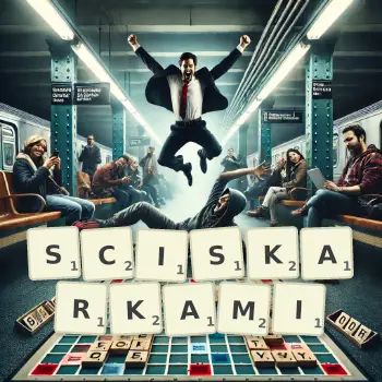 Kreatywna ilustracja do gry w Scrabble ze słowem SCISKARKAMI ułożonym z płytek na planszy.