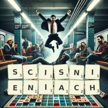 Kreatywna ilustracja do gry w Scrabble ze słowem SCISNIENIACH ułożonym z płytek na planszy.
