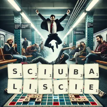 Kreatywna ilustracja do gry w Scrabble ze słowem SCIUBALISCIE ułożonym z płytek na planszy.