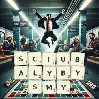 Kreatywna ilustracja do gry w Scrabble ze słowem SCIUBALYBYSMY ułożonym z płytek na planszy.