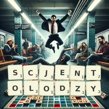 Kreatywna ilustracja do gry w Scrabble ze słowem SCJENTOLODZY ułożonym z płytek na planszy.