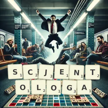 Kreatywna ilustracja do gry w Scrabble ze słowem SCJENTOLOGA ułożonym z płytek na planszy.