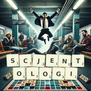 Kreatywna ilustracja do gry w Scrabble ze słowem SCJENTOLOGI ułożonym z płytek na planszy.