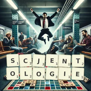 Kreatywna ilustracja do gry w Scrabble ze słowem SCJENTOLOGIE ułożonym z płytek na planszy.