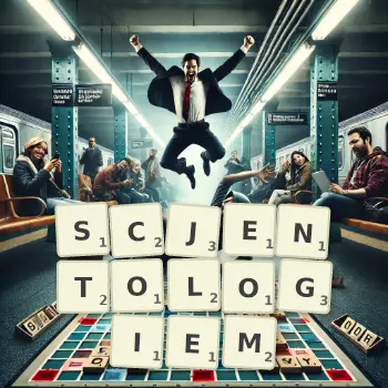 Kreatywna ilustracja do gry w Scrabble ze słowem SCJENTOLOGIEM ułożonym z płytek na planszy.