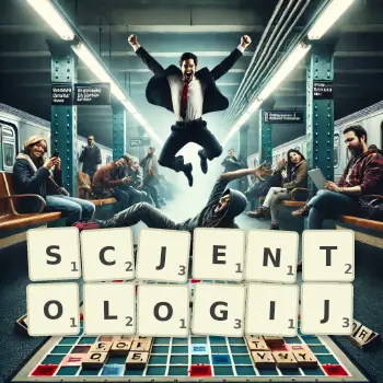 Kreatywna ilustracja do gry w Scrabble ze słowem SCJENTOLOGIJ ułożonym z płytek na planszy.