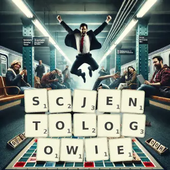 Kreatywna ilustracja do gry w Scrabble ze słowem SCJENTOLOGOWIE ułożonym z płytek na planszy.