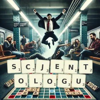 Kreatywna ilustracja do gry w Scrabble ze słowem SCJENTOLOGU ułożonym z płytek na planszy.