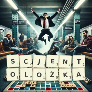 Kreatywna ilustracja do gry w Scrabble ze słowem SCJENTOLOŻKA ułożonym z płytek na planszy.