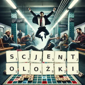 Kreatywna ilustracja do gry w Scrabble ze słowem SCJENTOLOŻKI ułożonym z płytek na planszy.