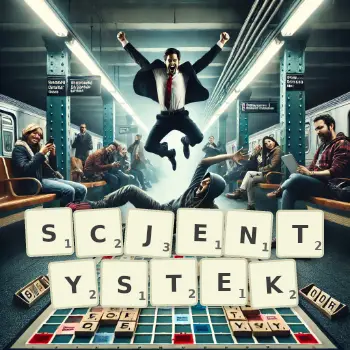 Kreatywna ilustracja do gry w Scrabble ze słowem SCJENTYSTEK ułożonym z płytek na planszy.